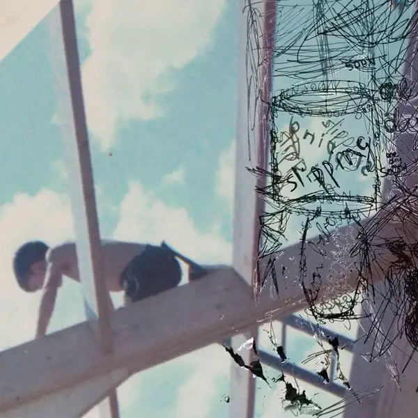slipping cover art: a figure crouched on a beam against a pale sky, half buried in pen scribbles